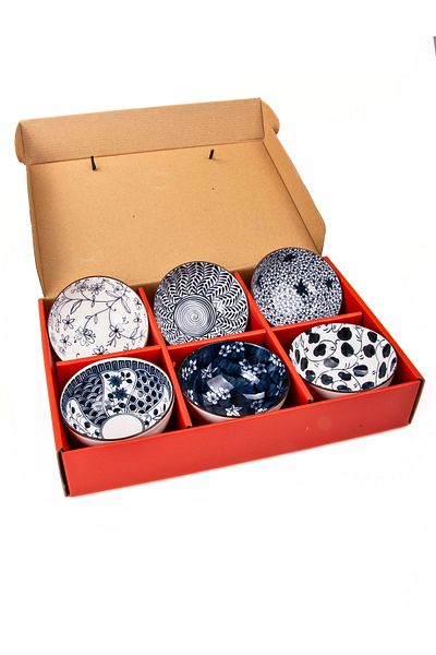 MUKKO HOME Set of 6 Patterned Porcelain Bowls 320 Ml, Soup, Breakfast, Snack Bowl Gift Boxed