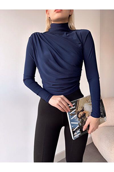 peralist Bluză de damă bleumarin guler ridicat detaliu încrețit material elas...