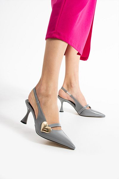 Güllü Shoes Stylish Gray Heart Buckle Women's Heeled Shoes Patent Leather Look Vegan Leather Comfortable 7cm Stiletto
