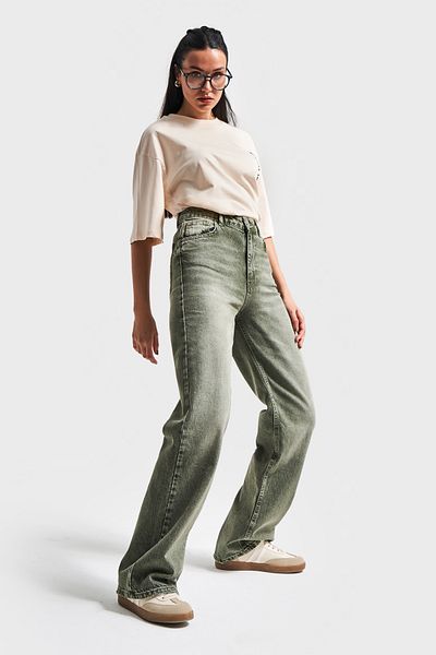 its basic Women's Stonewashed Khaki Color 2S5-15 Straight Fit High Waist 100% Cotton Inner Length 80 cm Denim Jean