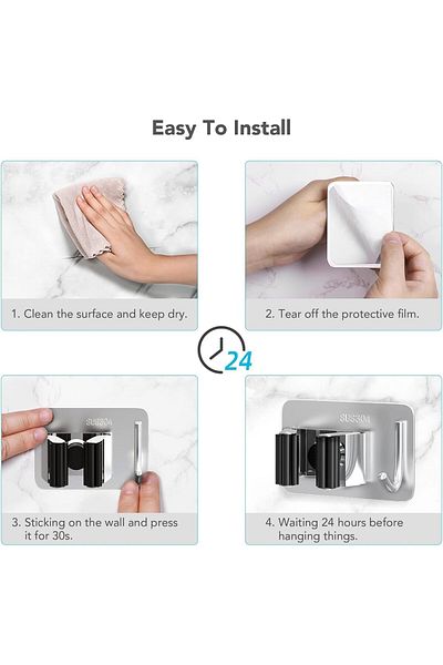 COOYA 4Pcs Mop Broom Holder, No Drill, Wall Mounted Heavy Duty with Hooks, Self Adhesive