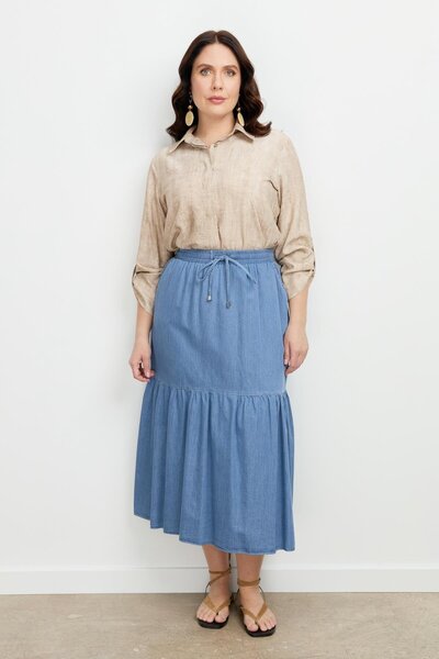 accort Büyük Beden Volanlı Uzun Etek-MAVİ