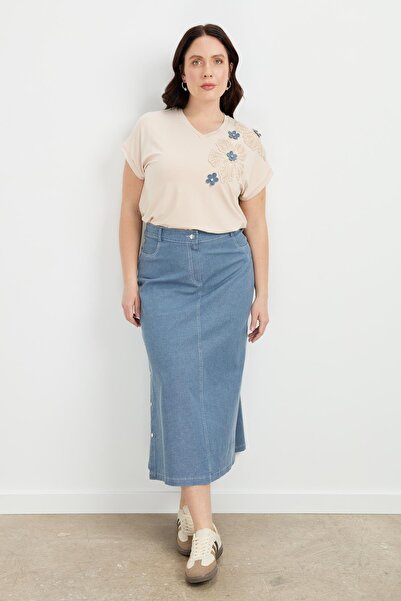 accort Büyük Beden Çıtçıt Detaylı Kot Etek-MAVİ