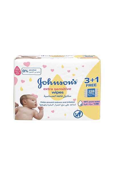 Johnson's Baby Extra Sensitive Wipes - 224 Wipes (3 + 1)