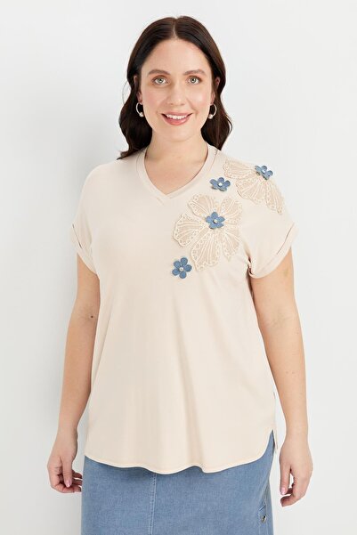 accort Büyük Beden Çiçek Baskı Penye Bluz-BEJ