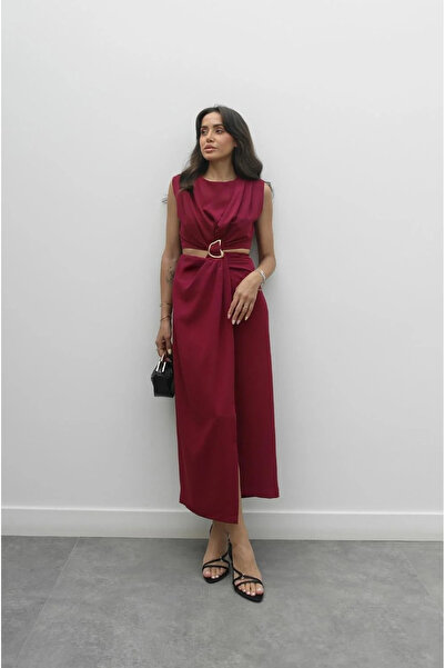 My Blog Burgunderrotes Kleid mit seitlichem Ausschnitt und Schnalle vorne - 8190