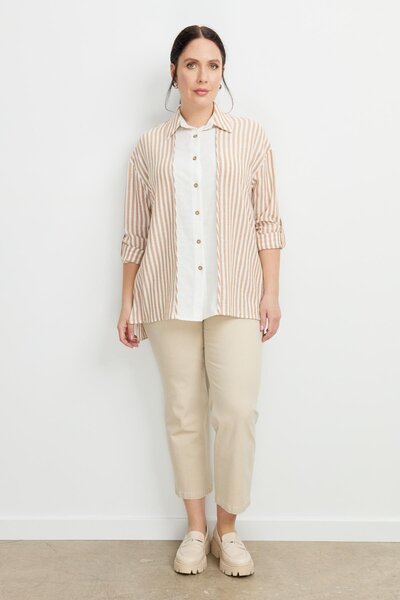 accort Büyük Beden Çizgi Detaylı Gömlek-CAMEL