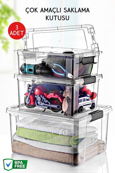 Nandy Home Set of 3 Multi-Purpose Transparent Storage Box with Lock Cover