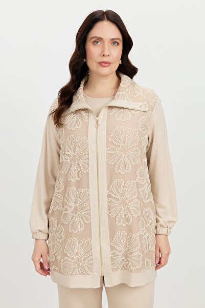 accort Büyük Beden Dantel Detay 2'li Takım-BEJ