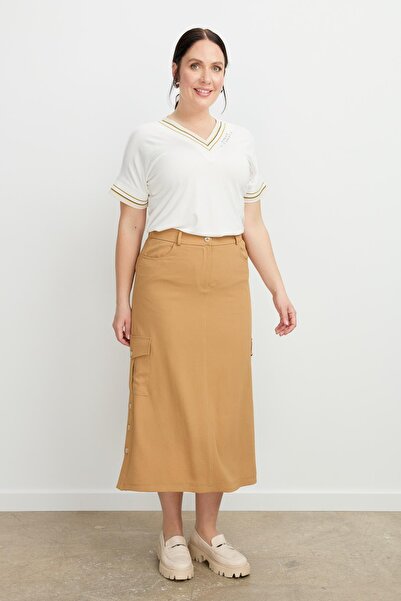 accort Büyük Beden Cep Detay Etek-CAMEL