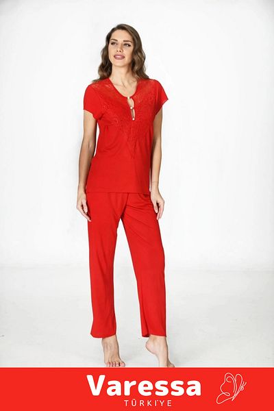VARESSA Deluxe Special Series New Season Comfortable Dowry Women's Charming Stylish Elegant Red Combed Cotton Pajama Set