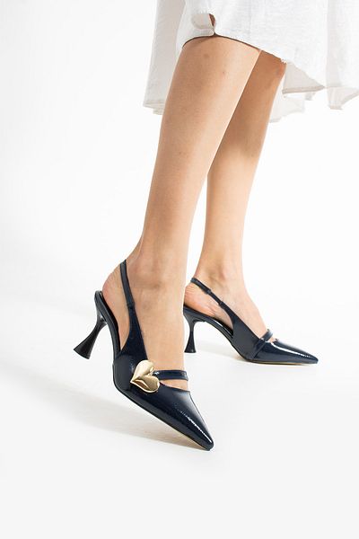 Güllü Shoes Stylish Navy Blue Heart Buckle Women's Heeled Shoes Patent Leather Look Vegan Leather Comfortable 7cm Stiletto