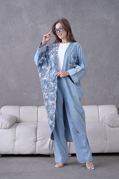 Miss Allos Women's Tulle Flower Embroidered Stone Detailed Denim Kimono Cardigan and Denim Pants Bottom Top Set