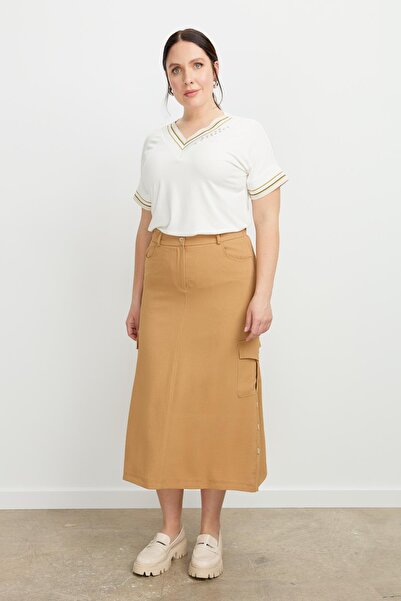 accort Büyük Beden Cep Detay Etek-CAMEL