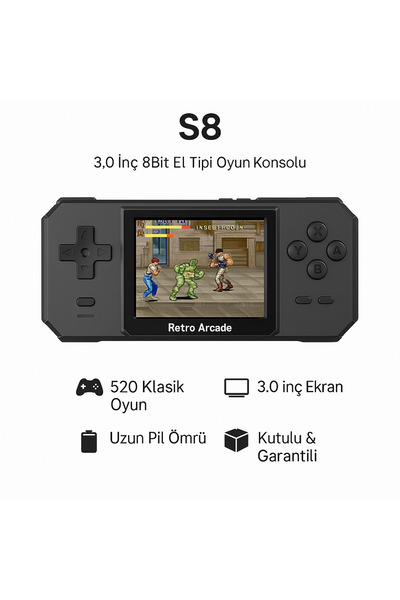 Retro Arcade S8 Game CONSOLE-520 Oyunlu 3.0 inç Ekranlı Taşınabilir Mini Atari Gamebox