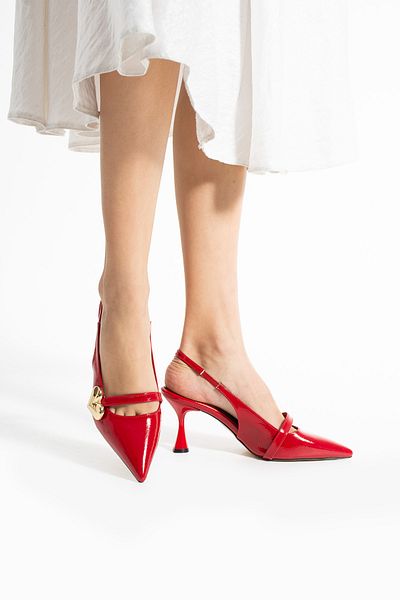 Güllü Shoes Stylish Red Heart Buckle Women's Heeled Shoes Patent Leather Look Vegan Leather Comfortable 7cm Stiletto