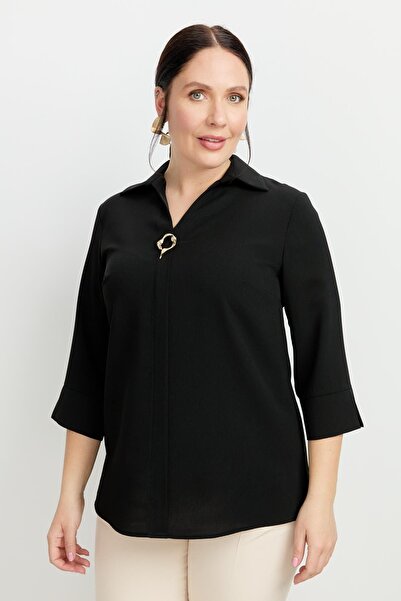accort Büyük Beden Broş Detaylı Gömlek-SİYAH