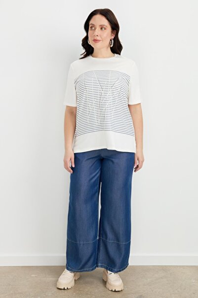 accort Büyük Beden Çizgi Desen Bluz-İNDİGO