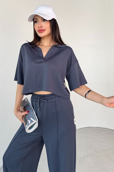 Cappmoda TKM-1112 Indigo Blue Modal υφασμάτινη μπλούζα πόλο με λαιμόκοψη με λαιμόκοψη με ελαστική μέση Palazzo κάτω διπλό κοστούμι