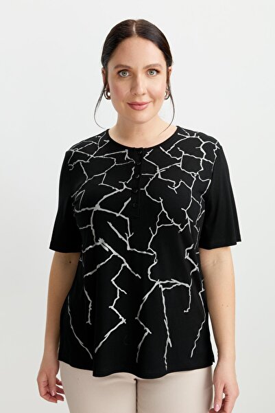 accort Büyük Beden Yakası Düğmeli Bluz-SİYAH