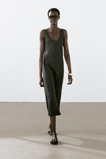 Massimo Dutti %100 keten midi elbise