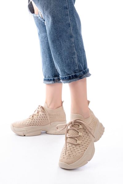 ASKA Askasp-2024 Beige Daily Lace-Up Mesh Stone Accessory Women's Sports Shoes
