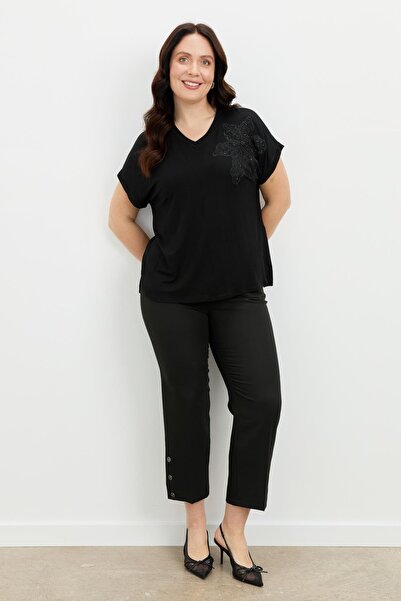 accort Büyük Beden Tül Çiçek Detaylı Bluz-SİYAH