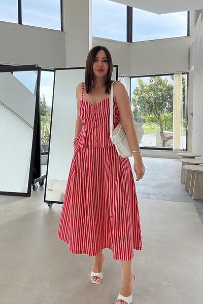 ELVAN TOLON Red striped skirt blouse set