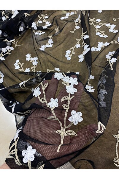 METERİAL Siyah Tül Üzerine Beyaz Çiçekli Nakışlı Kumaş – 135 cm | Zarif Dal D...