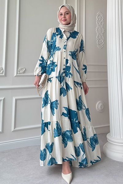 InStyle Large Orchid Pattern Turquoise Viscose Dress