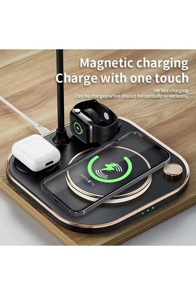 REDz Accessories 4 in 1 Wireless Charging Lamp, Apple compatible, Model X3 G-N25, Brightness adjustment, Black