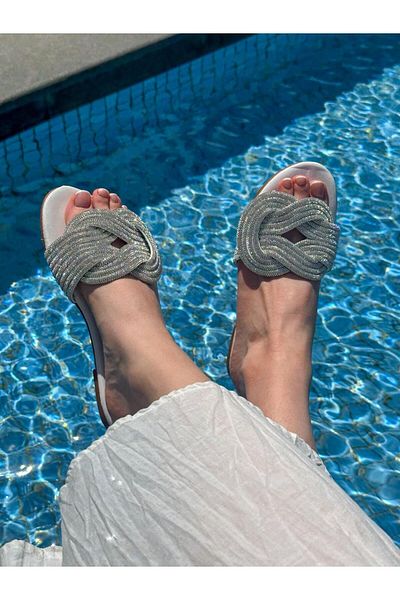 ERVANIN BUTİĞİ White (Wulf) Stone Detailed Women's Slippers