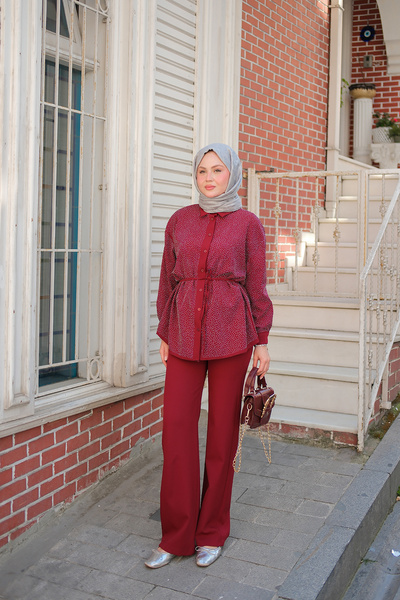 LOCCO Жіночий комплект з сорочки з каменем і ґудзиками та коміром бордового к...