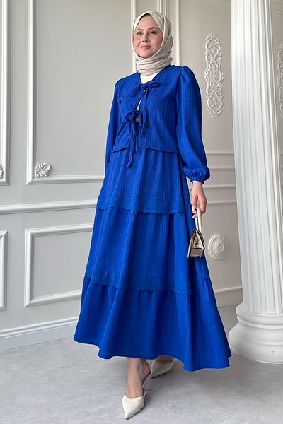 InStyle Set albastru crep Saks cu fustă cu dantelă cu panglică