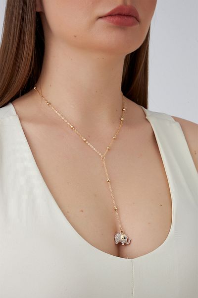 Modex Gold Color Ball Chain Stone Elephant Figured Y Necklace (60cm)