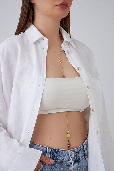 Modex Gold Color Clover Pineapple Detailed Crop Y Necklace (110cm)