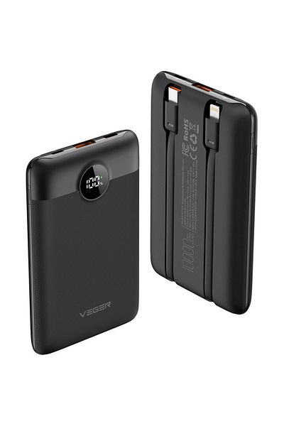 REDz Accessories External Battery With Integrated Type-c And Lightning Cables, 10,000 Mah, Pd Qc3.0 2a 22.5w, Black
