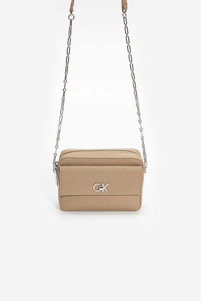 Calvin Klein Women's Chain Strap Zipper Closure Logo Beige Shoulder Bag K60K 613140 -0F4