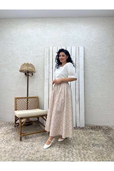 KÜÇÜĞÜM BUTİK Cream Purple Floral Poplin Flared Skirt