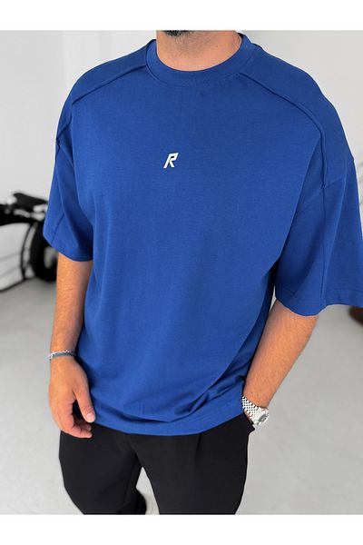 BYBASICMAN Blue Shiny R Printed Oversize T-Shirt Res-5237