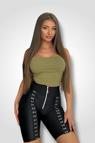 BOMBFIT Rockstar Μαύρο κοντό κολάν, ψηλή μέση, γυαλιστερό, Lycra, μαύρο