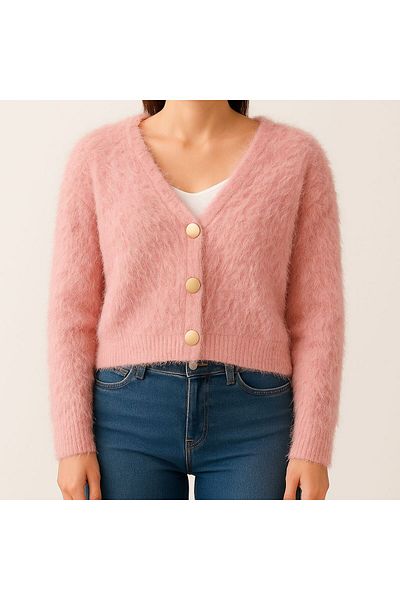 BUNCA Bunka Women's and Girls Pink Mohair Short Jacket with Shiny Gold Buttons