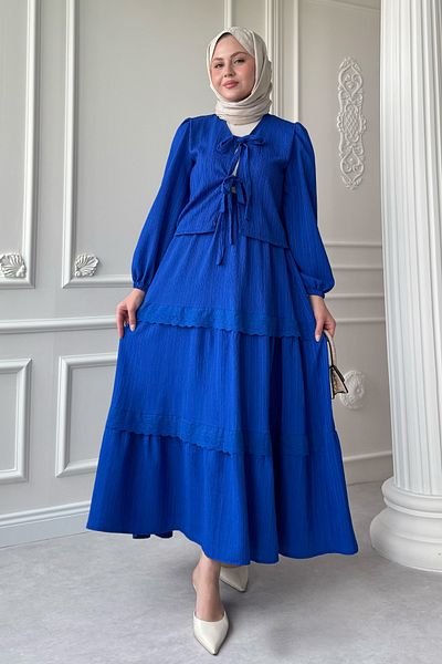 InStyle Set albastru crep Saks cu fustă cu dantelă cu panglică