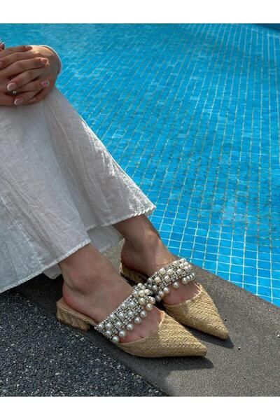 ERVANIN BUTİĞİ Hasır (Straw) İnci Detay Kadın Terlik