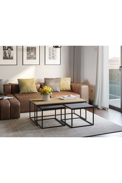 Mourah Home Camelia Coffee Tables 2 Nested Tables, Metal Legs, Oak, Grey, Black