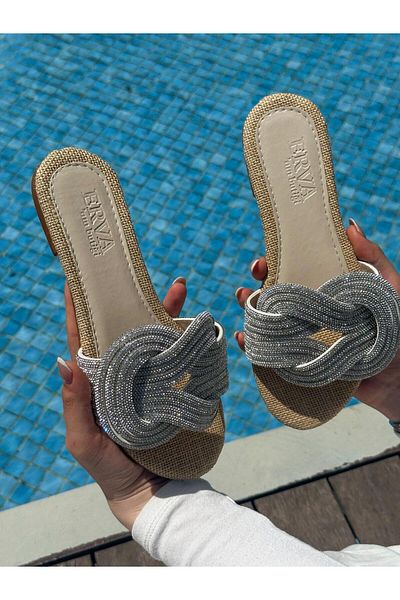 ERVANIN BUTİĞİ Wicker (Wulf) Stone Detailed Women's Slippers