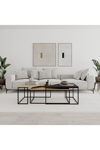 Mourah Home OhLady Coffee Table 3-Piece 110 cm Metal Legs Oak- Black