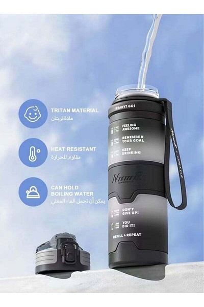 fulina 1000ml Portable Sports Drink Bottle with Time Marker,Leak proof for Kids Student to Camping Pink