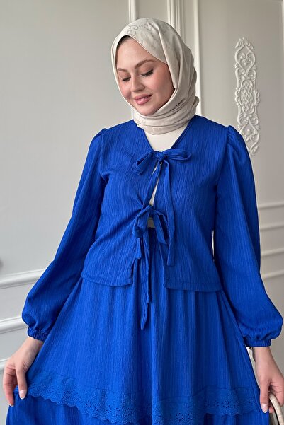 InStyle Kurdeleli Dantel Detay Etekli Krep Saks Mavisi Takım