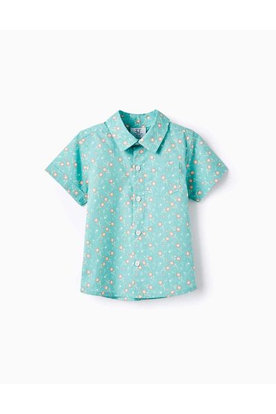 Ziddy Floral Cotton Shirt for Baby Boys, Aqua Green
